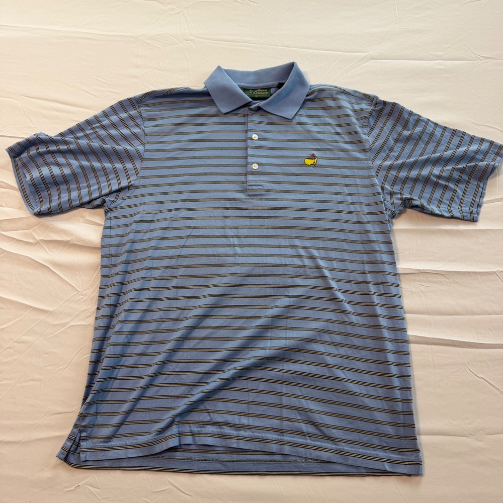 Amen Corner Masters Golf Polo Mens Medium Blue Striped Pima Cotton Mercerized